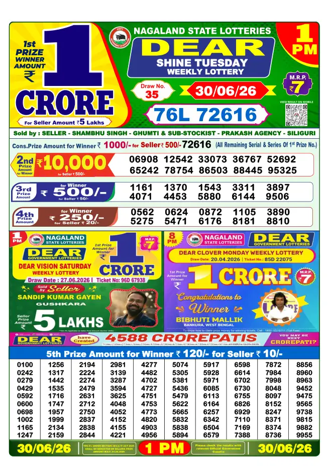 Dhankesari Result for 30-06-2026 1:00 PM Morning Draw - Winning Numbers