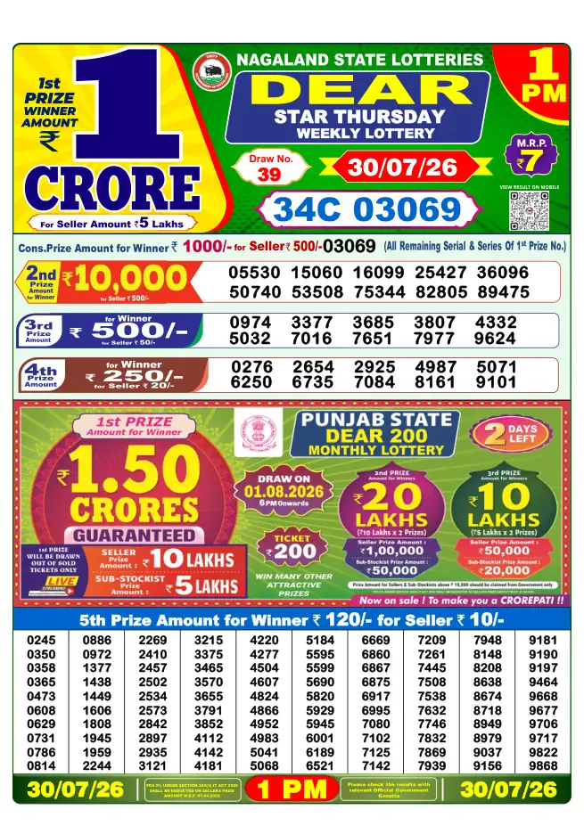 Dhankesari Result for 31-07-2026 1:00 PM Morning Draw - Winning Numbers