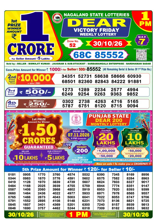 Dhankesari Result for 30-10-2026 1:00 PM Morning Draw - Winning Numbers