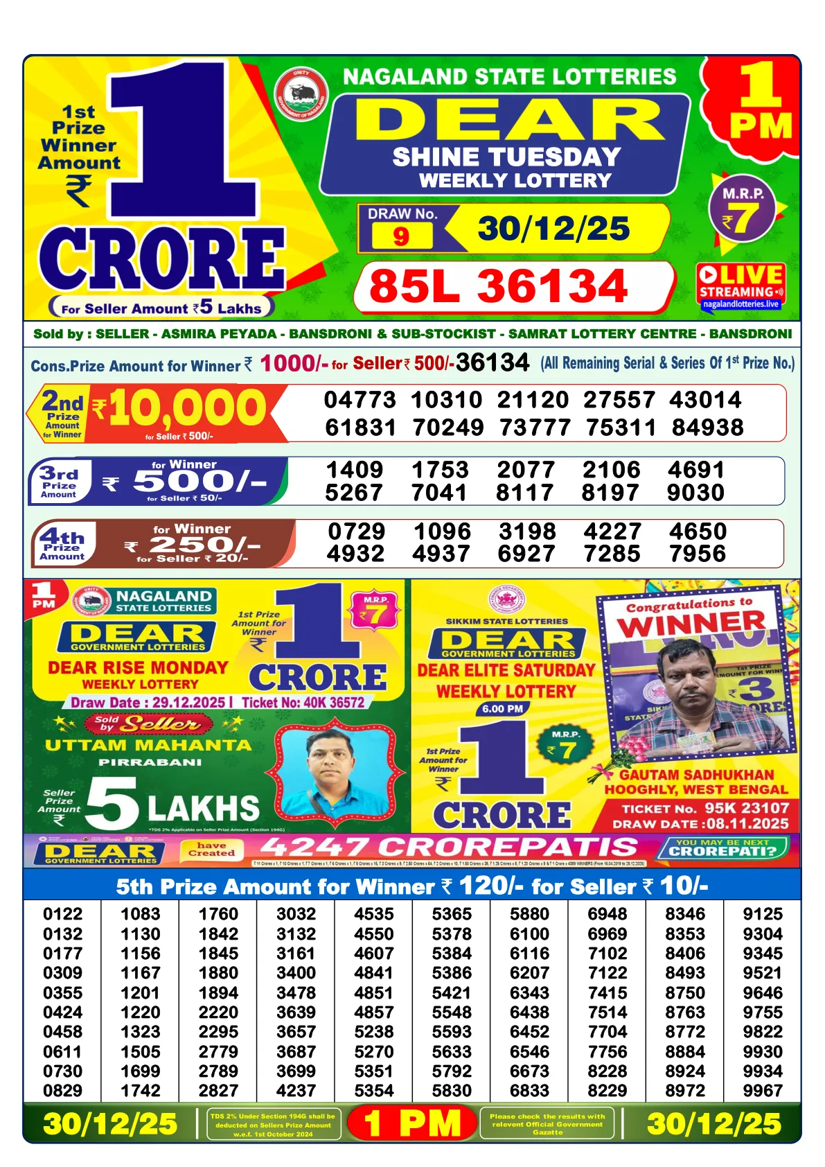 Dhankesari Result for 30-12-2025 1:00 Morning Draw - Winning Numbers