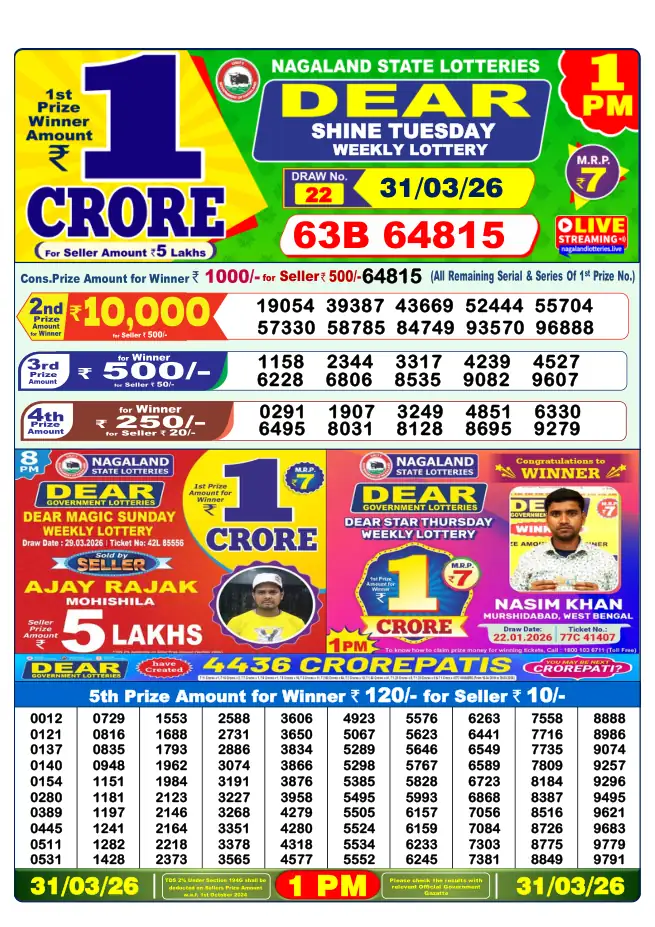 Dhankesari Result for 31-03-2026 1:00 PM Morning Draw - Winning Numbers