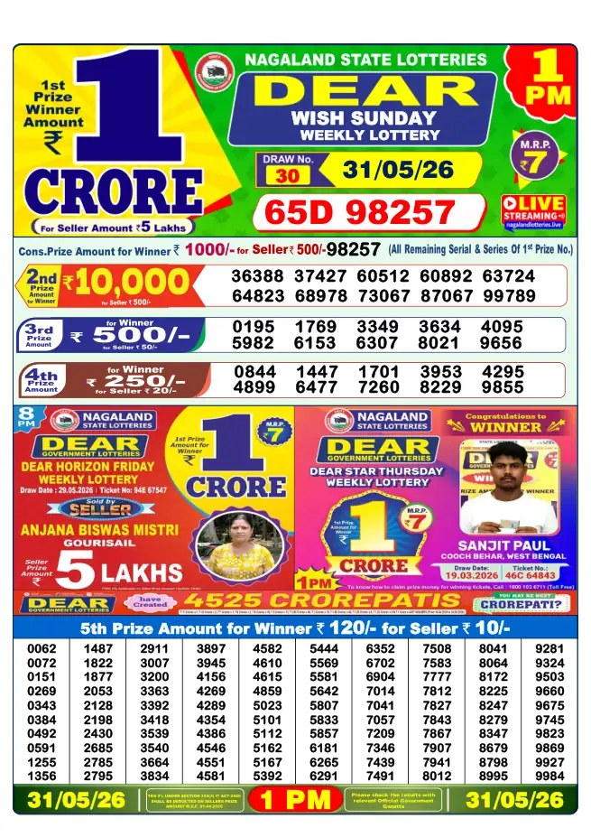 Dhankesari Result for 31-05-2026 1:00 PM Morning Draw - Winning Numbers