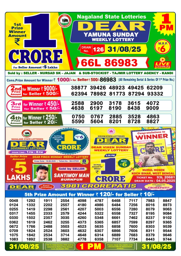 Dhankesari Result for 31-08-2025 1:00 Morning Draw - Winning Numbers