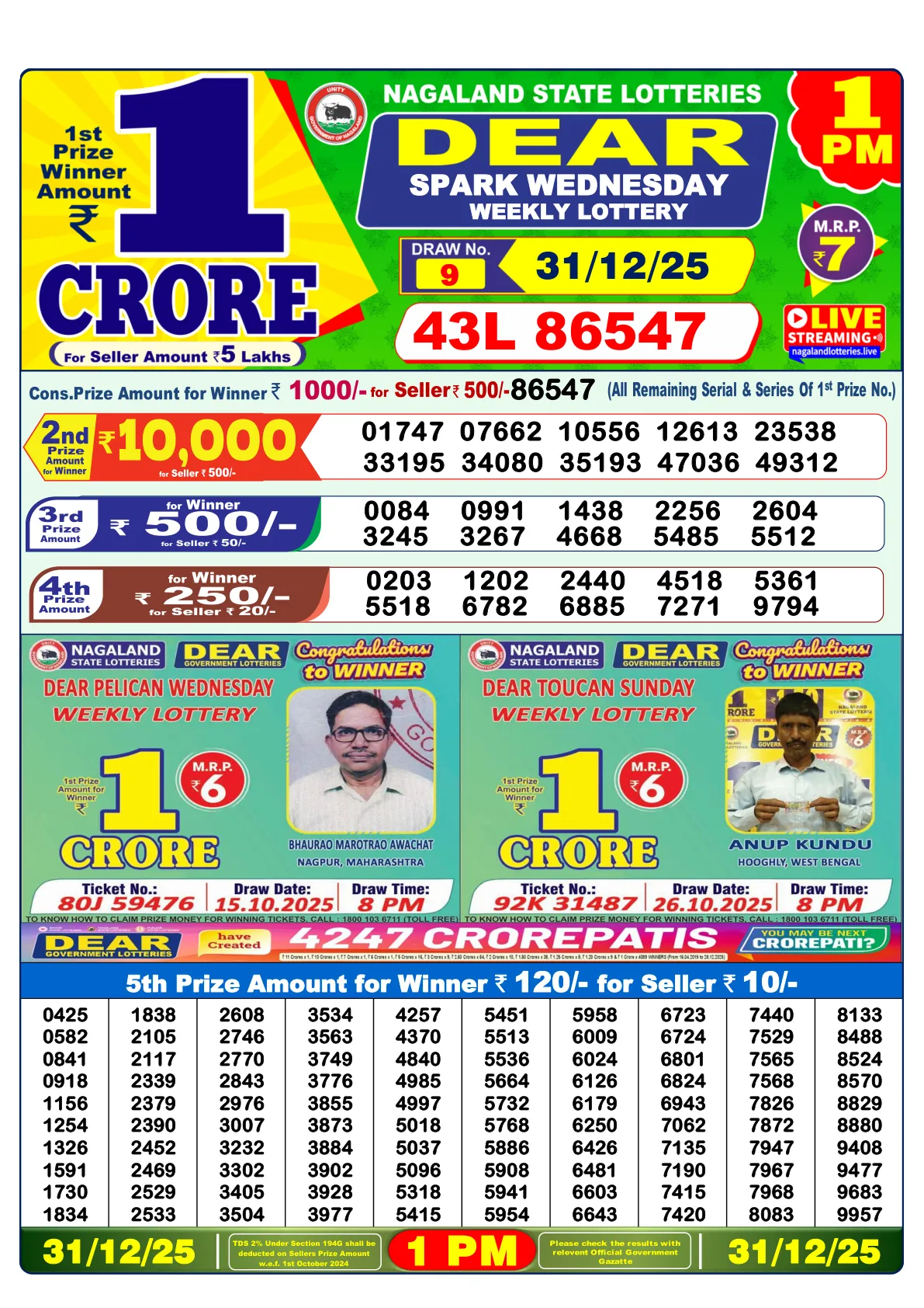 Dhankesari Result for 31-12-2025 1:00 Morning Draw - Winning Numbers