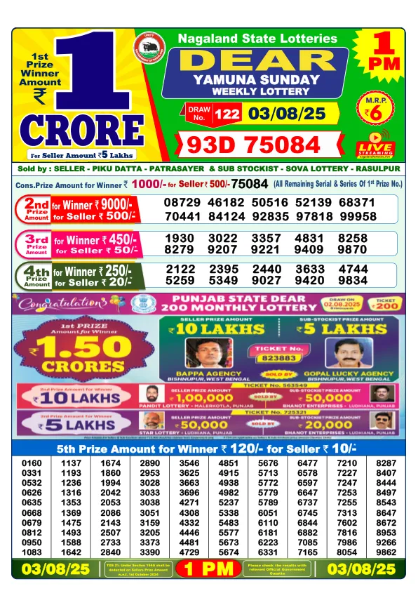 Dhankesari Result for 03-08-2025 1:00 Morning Draw - Winning Numbers