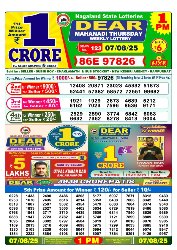 Dhankesari Result for 07-08-2025 1:00 Morning Draw - Winning Numbers