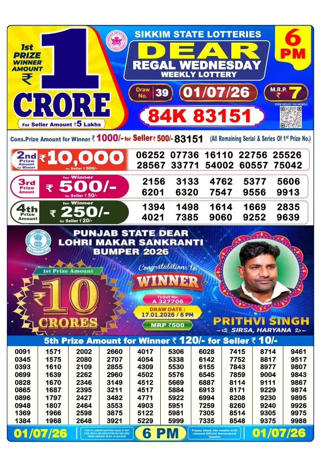 Dhankesari Result for 01-07-2026 6:00 PM Evening Draw - Winning Numbers