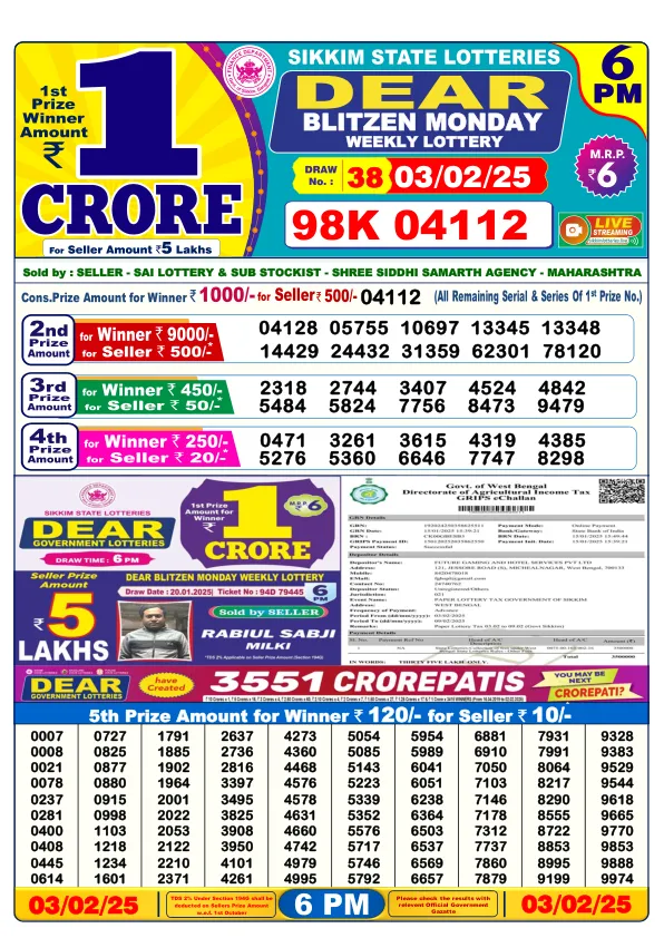 Dhankesari Result for 03-02-2025 6:00 Evening Draw - Winning Numbers