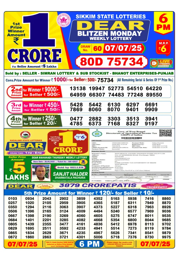 Dhankesari Result for 07-07-2025 6:00 Evening Draw - Winning Numbers