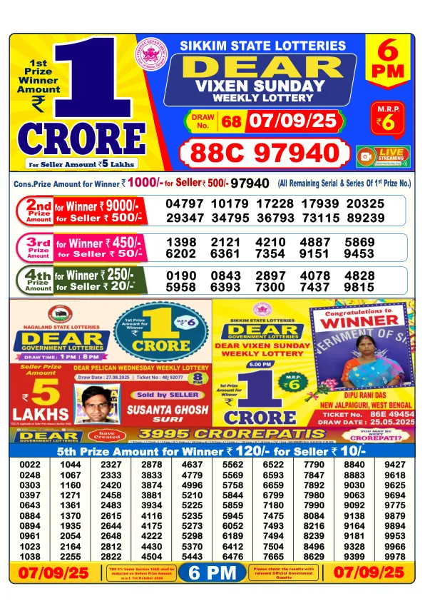 Dhankesari Result for 07-09-2025 6:00 Evening Draw - Winning Numbers