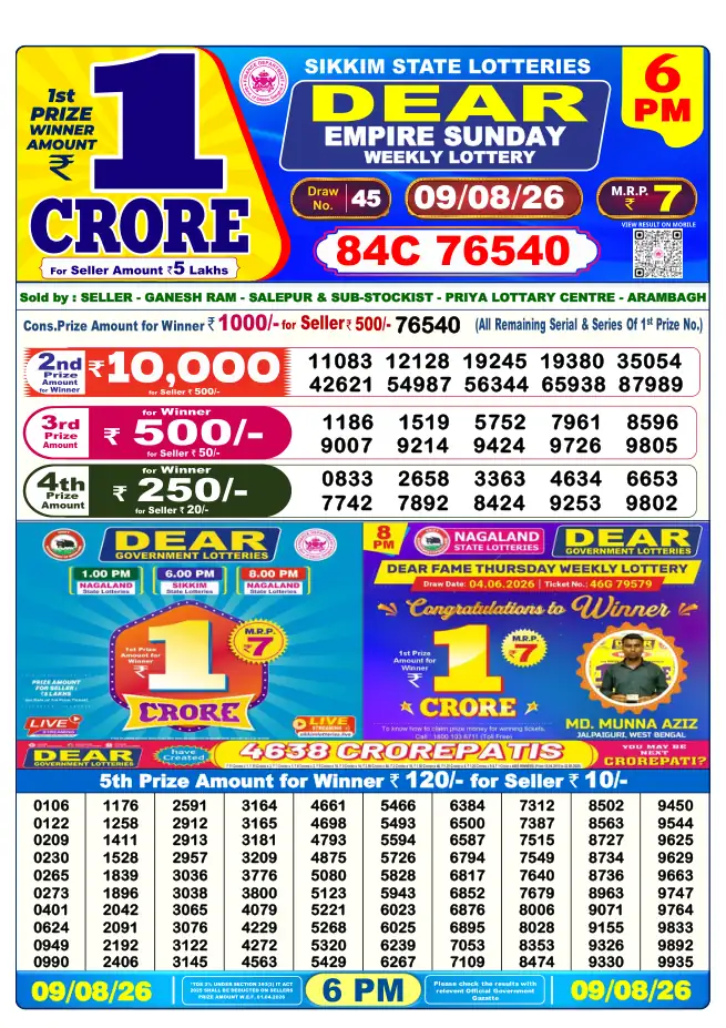 Dhankesari Result for 09-08-2026 6:00 PM Evening Draw - Winning Numbers