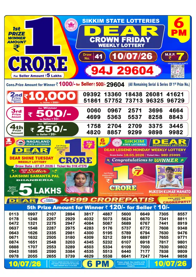 Dhankesari Result for 10-07-2026 6:00 PM Evening Draw - Winning Numbers