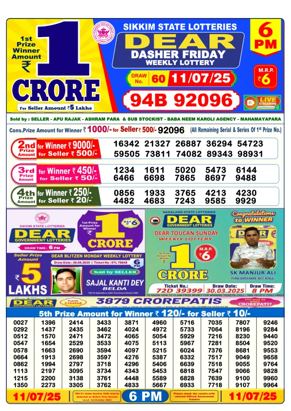 Dhankesari Result for 11-07-2025 6:00 Evening Draw - Winning Numbers