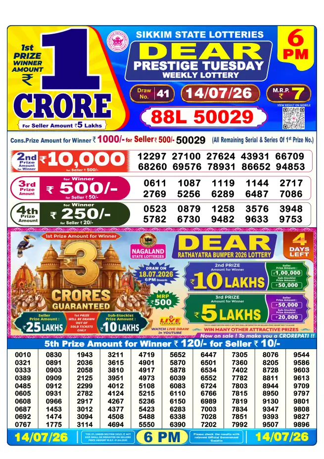 Dhankesari Result for 15-07-2026 6:00 PM Evening Draw - Winning Numbers