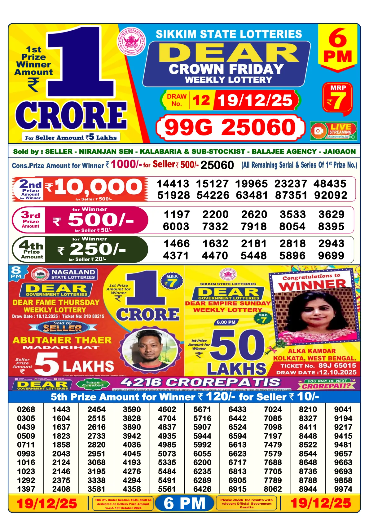 Dhankesari Result for 19-12-2025 6:00 Evening Draw - Winning Numbers