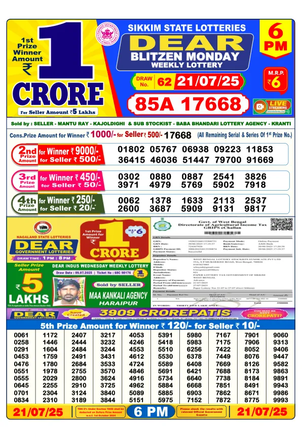 Dhankesari Result for 21-07-2025 6:00 Evening Draw - Winning Numbers