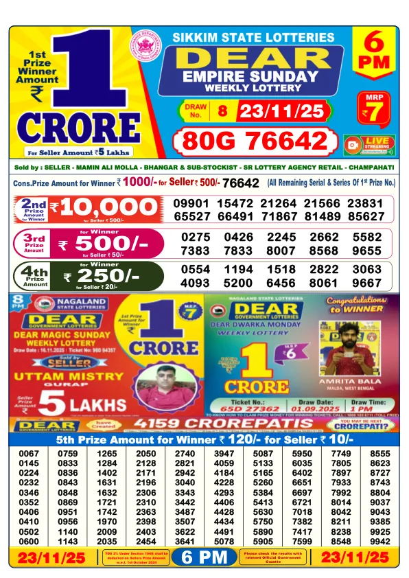Dhankesari Result for 23-11-2025 6:00 Evening Draw - Winning Numbers