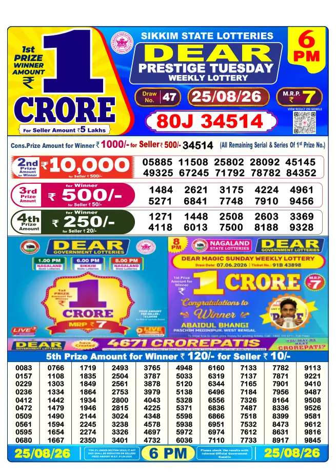 Dhankesari Result for 26-08-2026 6:00 PM Evening Draw - Winning Numbers