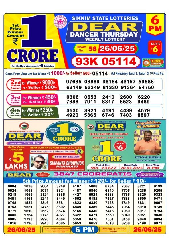 Dhankesari Result for 26-06-2025 6:00 Evening Draw - Winning Numbers
