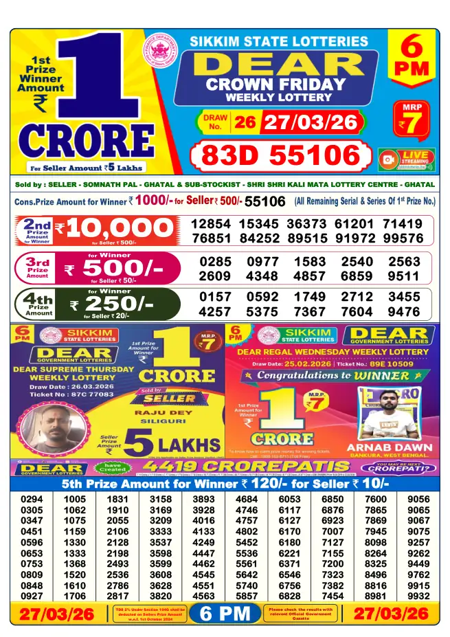 Dhankesari Result for 27-03-2026 6:00 PM Evening Draw - Winning Numbers