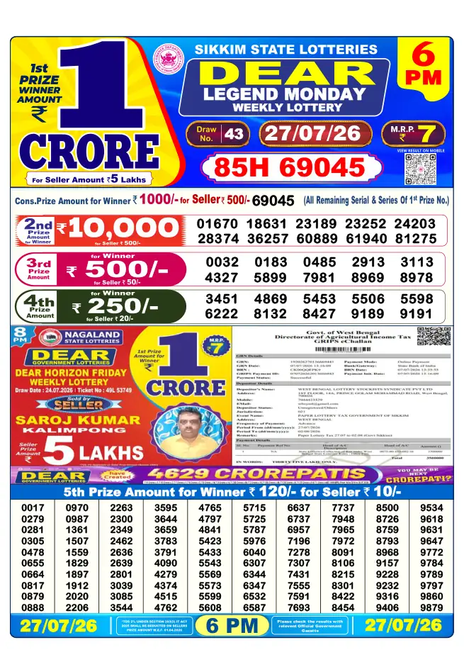 Dhankesari Result for 27-07-2026 6:00 PM Evening Draw - Winning Numbers