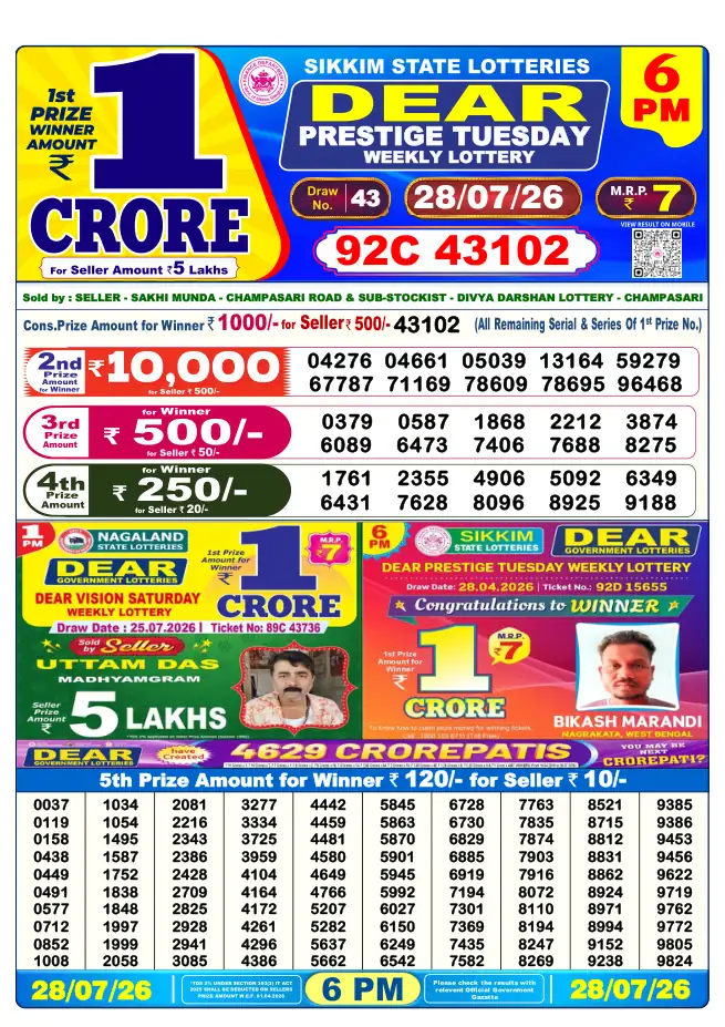 Dhankesari Result for 29-07-2026 6:00 PM Evening Draw - Winning Numbers