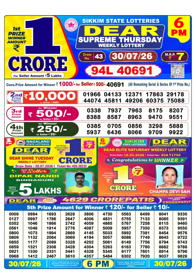 Dhankesari Result for 31-07-2026 6:00 PM Evening Draw - Winning Numbers