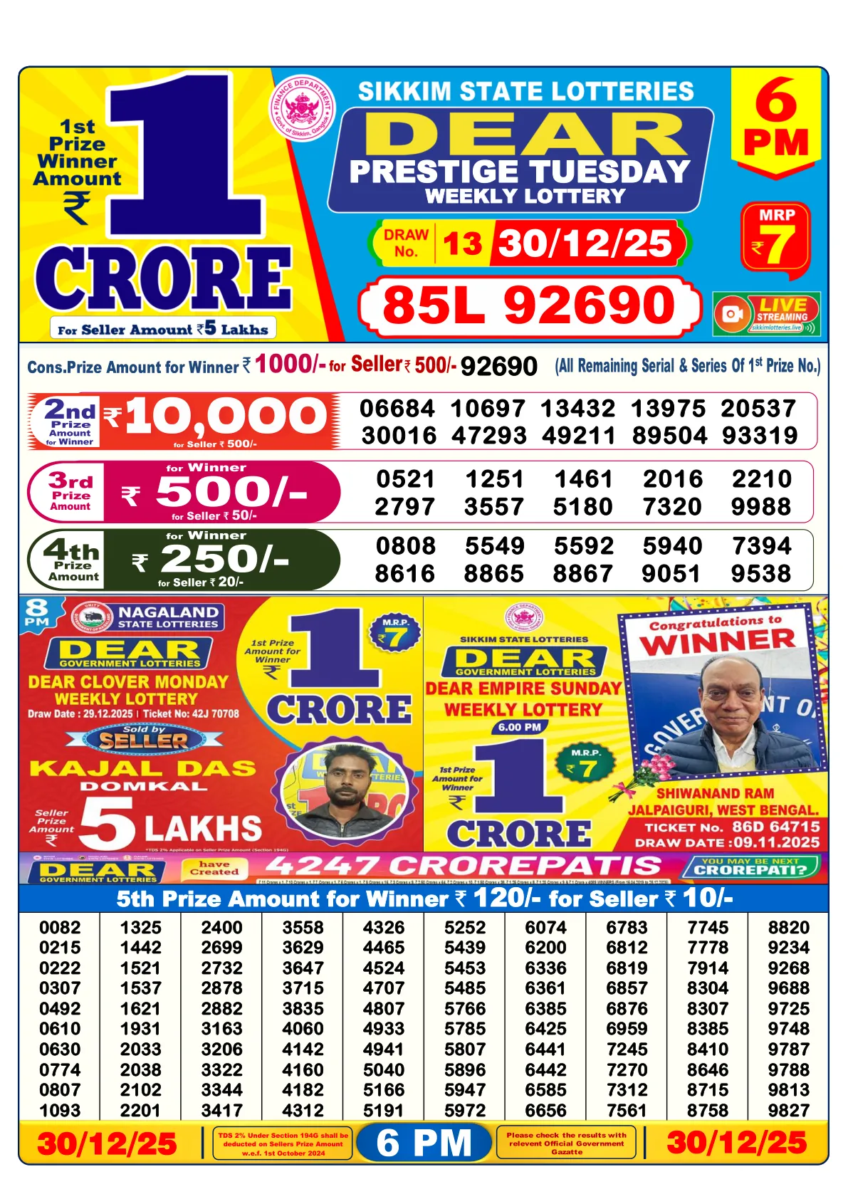 Dhankesari Result for 30-12-2025 6:00 Evening Draw - Winning Numbers