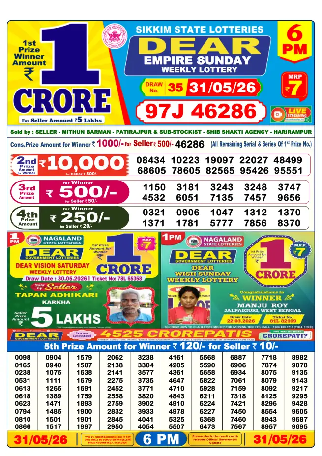 Dhankesari Result for 31-05-2026 6:00 PM Evening Draw - Winning Numbers