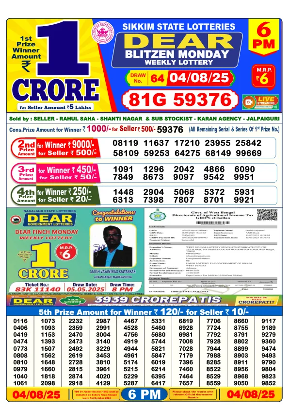 Dhankesari Result for 04-08-2025 6:00 Evening Draw - Winning Numbers