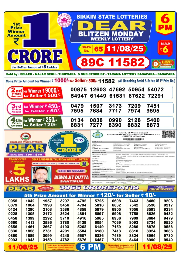 Dhankesari Result for 11-08-2025 6:00 Evening Draw - Winning Numbers