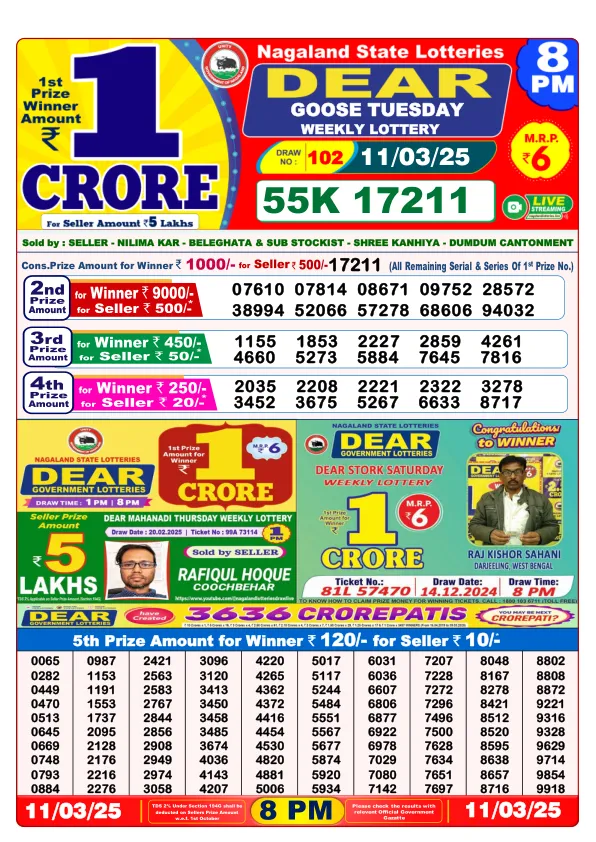 Dhankesari Result for 11-03-2025 8:00 Night Draw - Winning Numbers