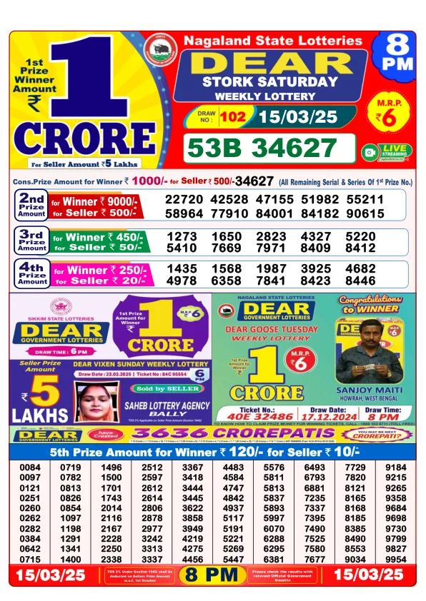 Dhankesari Result for 15-03-2025 8:00 Night Draw - Winning Numbers