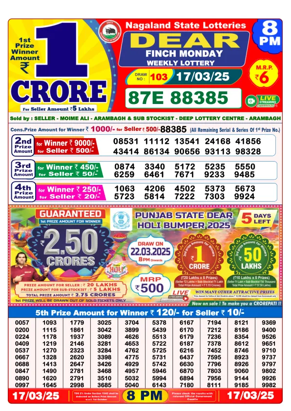 Dhankesari Result for 17-03-2025 8:00 Night Draw - Winning Numbers