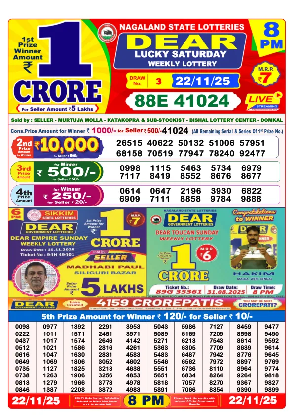 Dhankesari Result for 22-11-2025 8:00 Night Draw - Winning Numbers