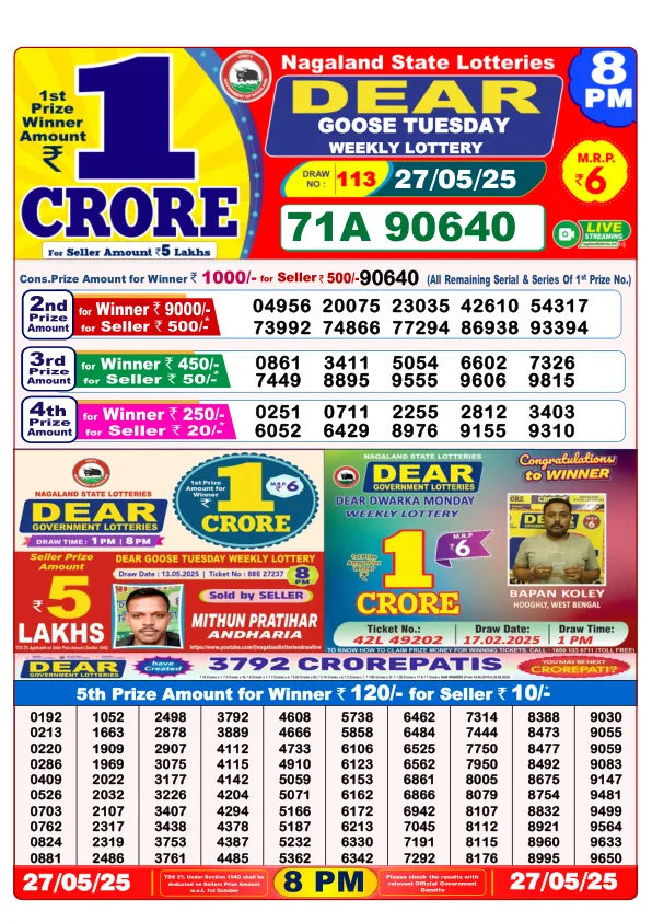 Dhankesari Result for 27-05-2025 8:00 Night Draw - Winning Numbers