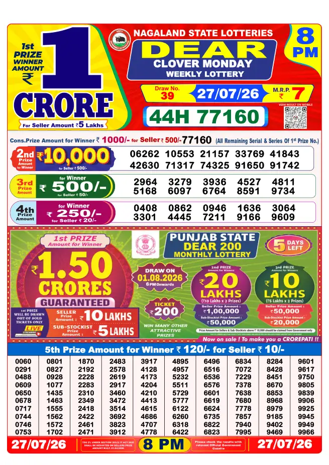 Dhankesari Result for 27-07-2026 8:00 PM Night Draw - Winning Numbers