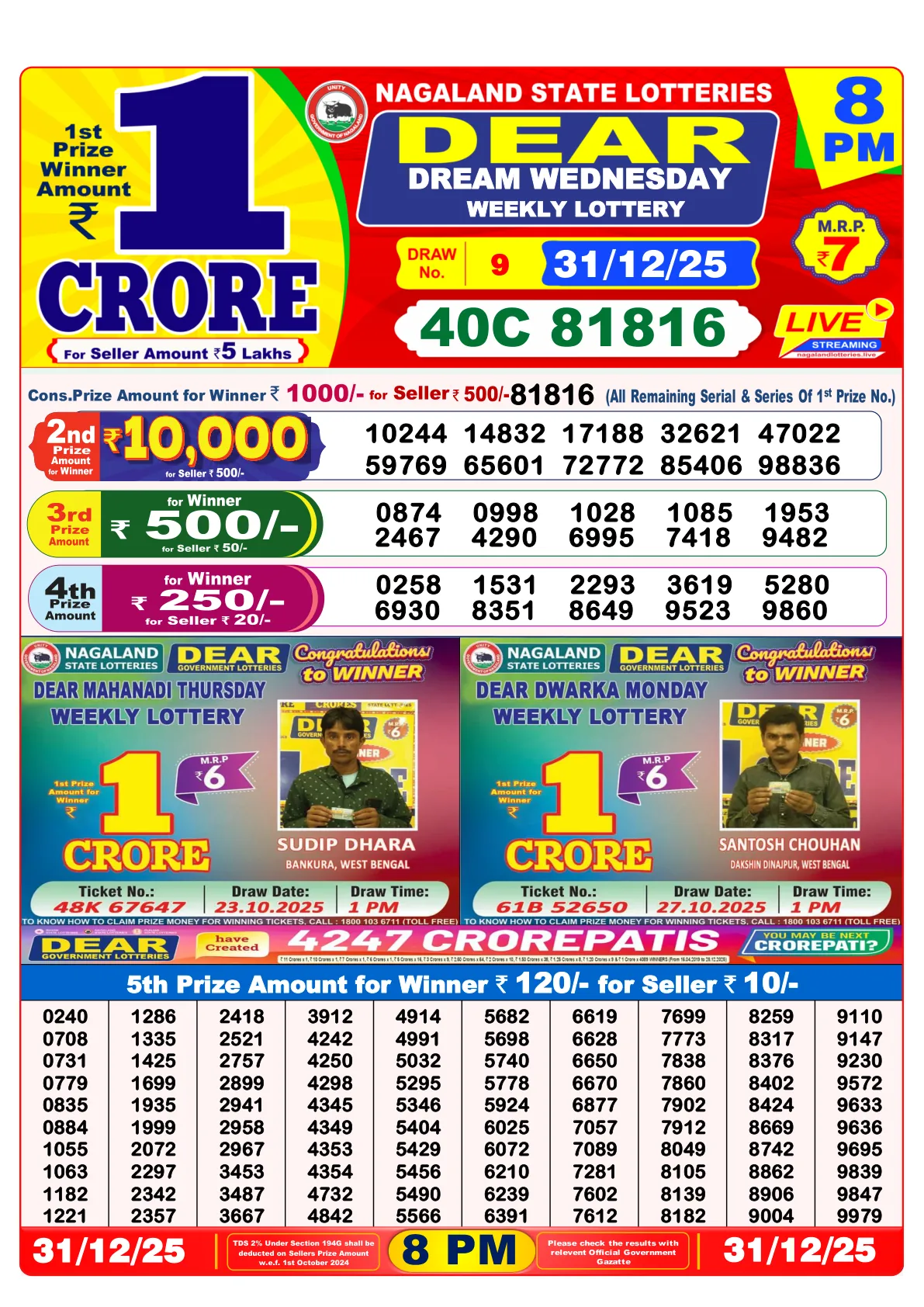 Dhankesari Result for 31-12-2025 8:00 Night Draw - Winning Numbers